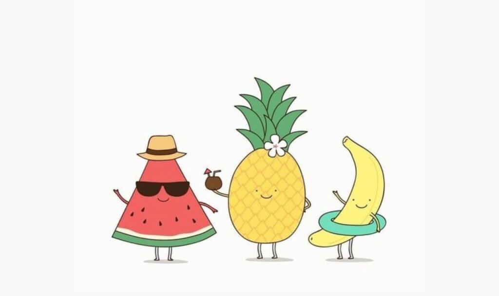 a watermelon, pineapple, and a bannana enjoying