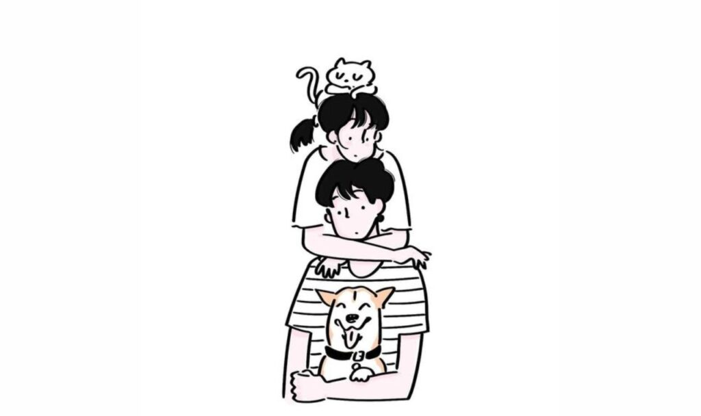 a couple and their pet cat and dog