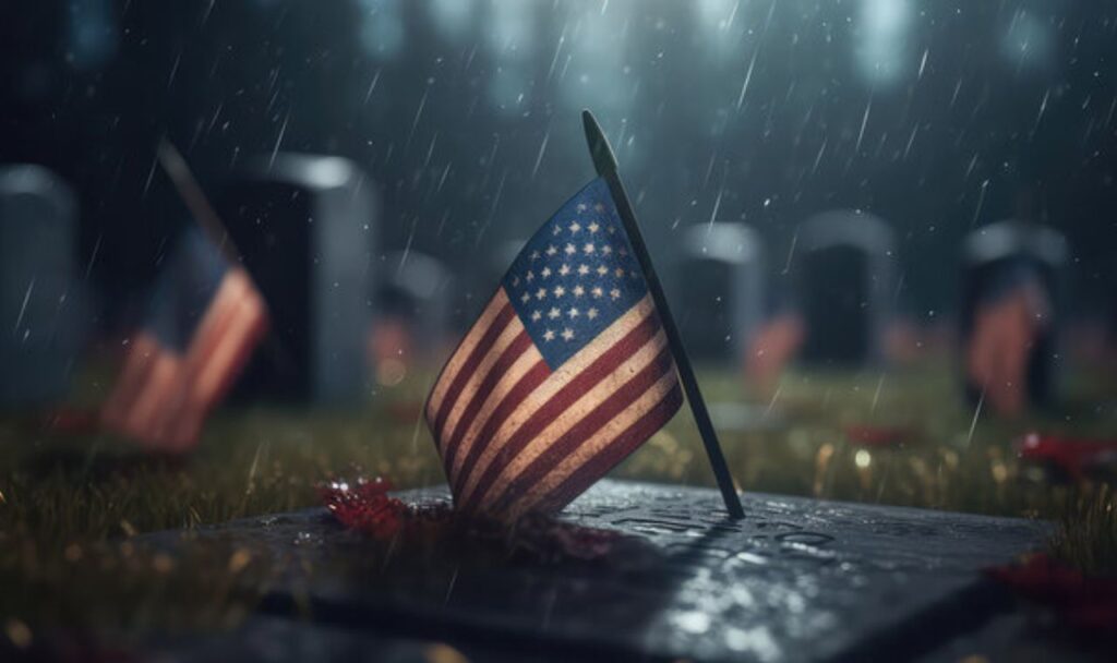 american flag and its raining