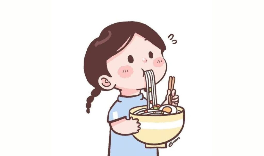 cute little animated girl eating ramen