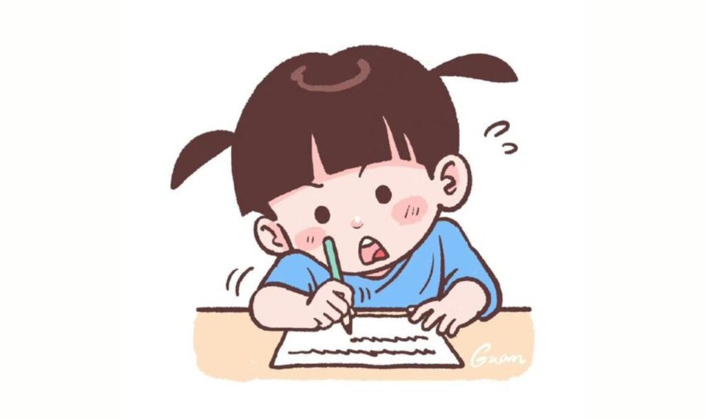 cute little animated girl doing her homework