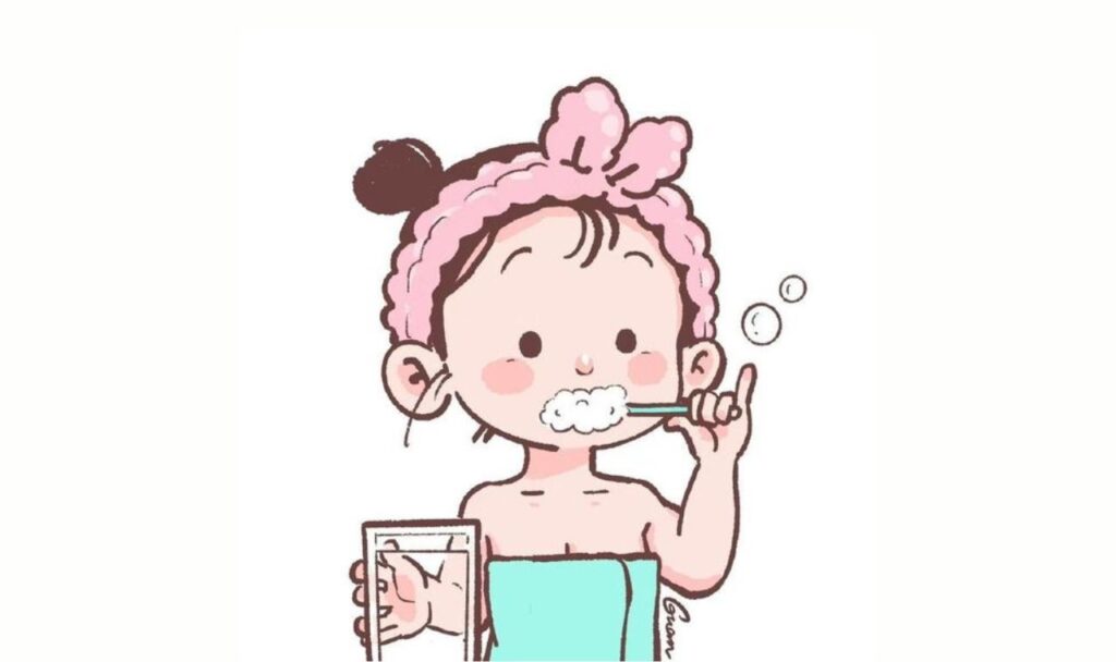 cute little animated girl brushing her teeths